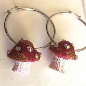 New Large Mushroom Silver Tone Hoop Earrings Sparkle Handmade